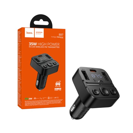 Transmissor Sem Fio Hoco BT+FM E87 Delta com 2 Portas USB+Tipo-C PD20W+QC3.0 35W Preto